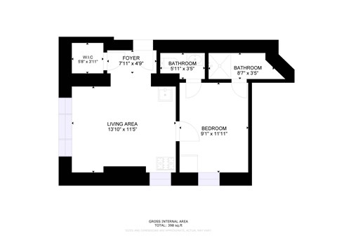 Floor plan for 1 bed, 1 bath, 398 sqft